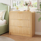 Fluted 3 Drawer Dresser, 31.8'' Tall Dresser for Bedroom, Modern Wood Chest of Drawers with Round Edge & Metal Handle, Large Nightstand with 3 Drawers for Living Room, Hallway, Entryway (Natural Oak)