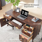 T4TREAM Fluted Executive Desk with Drawers, 60" Modern Home Office Computer Desk with Charging Station, File Cabinet, Keyboard Tray and Storage Cabinet for Study, Living Room, Bedroom, Dark Walnut