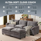 114 Inch Cloud Couch Sectionals with Ottoman, Big Comfy Modular Couches, Cloud Sofas, L Shaped 5 Seat Modular Sectional Sofa, Modern Sectional Couches for Living Room, Deep Seat Sofa, Grey
