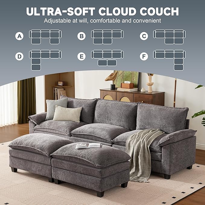 114 Inch Cloud Couch Sectionals with Ottoman, Big Comfy Modular Couches, Cloud Sofas, L Shaped 5 Seat Modular Sectional Sofa, Modern Sectional Couches for Living Room, Deep Seat Sofa, Grey