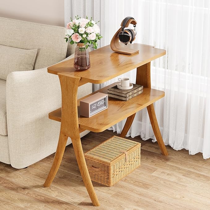 Tribesigns Narrow Side Table Set of 2, Farmhouse End Table with 2-Tier Storage Shelf and Solid Wood Legs, Slim Modern Bedside Table Nightstand for Bedroom, Living Room, Small Spaces, Brown(2)
