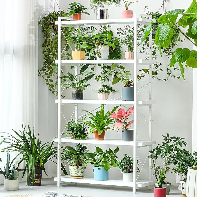 HCHQHS Bookshelf, 5-Tier Industrial Bookcase, White Open Book Shelf, Freestanding Tall Bookshelves with Metal Frame