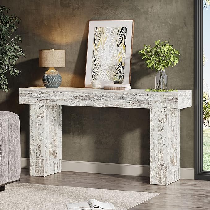 Tribesigns 63-Inch Long Console Table, Farmhouse Wooden Sofa Table Behind The Couch, Narrow Entryway Table for Entrance, Hallway, Living Room (Distressed White)