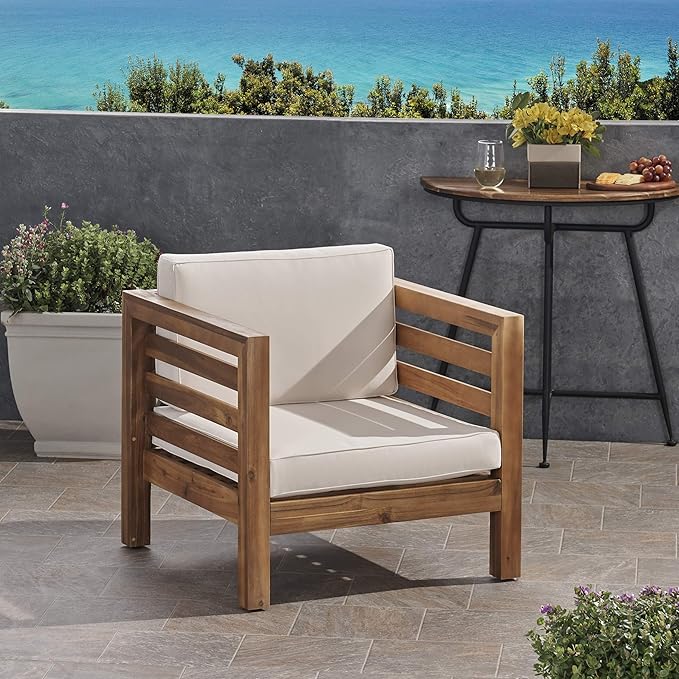 Great Deal Furniture Louise Outdoor Acacia Wood Club Chair with Cushion, Teak Finish and Beige