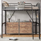 Metal Loft Bed Twin Size, Twin Loft Bed with Bedside Caddy, Convertible Ladder & Full-Length Guardrails, Space-Saving & Noise Free Design, No Box Spring Needed, Loftbed Frame for Teens Adults