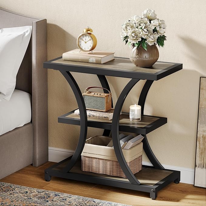 Tribesigns End Table with Storage, 3-Tier Side Table with Geometric Metal Design, Industrial Nightstand for Small Spaces, Living Room, Bedroom, Study Room (1, Grey)