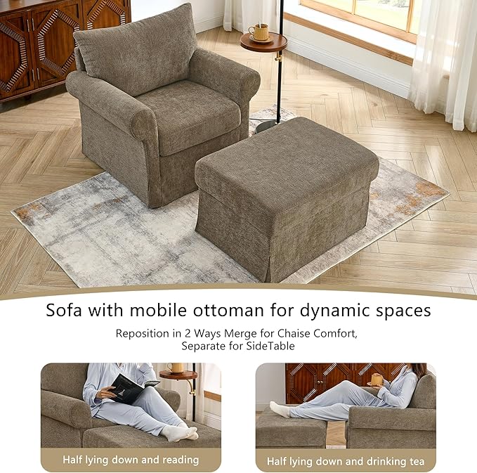 35.82" Accent Chair with Ottoman Upholstered Living Room Chairs for Reading Chair with Chaise Lounge Chairs Indoor, Comfortable Armchair for Bedroom (Brown, 35.82")