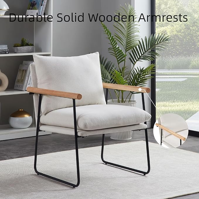 Accent Chair for Living Room,Arm Chair for Bedroom,with Wooden Arms, Wide Large Plus Size Cushion,Metal Frame,Reading Bedroom Chair Armchair for Home/Office/Cafe/Apartment/Waiting Room,White