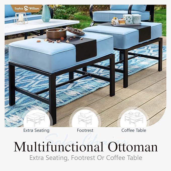 Sophia & William Patio Furniture Sets 5 Seats Outdoor Metal Conversation Sets 5 Pcs with 2 x Cushioned Swivel Sofa Chairs,1 x 3-Seat Sofa,2 x Ottomans for Coffee Lawn Backyard Poolside Blue