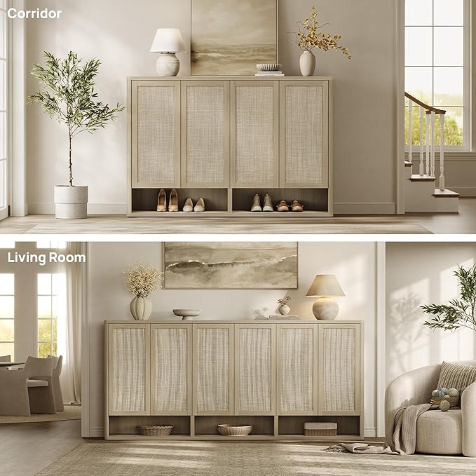 SICOTAS Rattan Shoe Storage Cabinet - Modular Shoe Cabinets with Door Tall Large Shoe Cabinet Storage for Entryway - 65.6" Wide Modular Cabinet for Hallway, Living Room