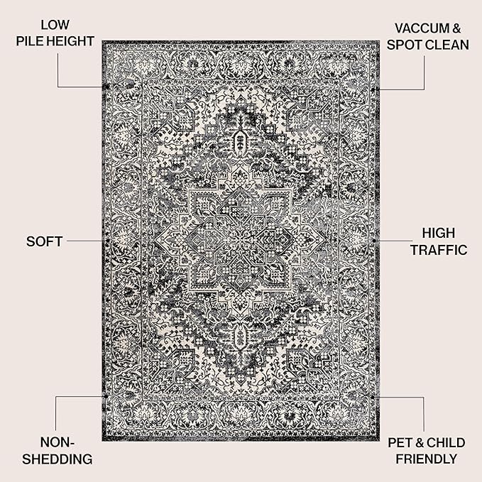 JONATHAN Y Vintage Medallion Indoor Area Rug Black 8X10, Modern Boho for Living Room, Bedroom, Kitchen, Office, Easy-Cleaning, High Traffic, Pet-Friendly, Non-Shedding MDP100D-8