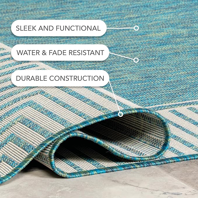 nuLOOM 4' x 6' Outdoor Area Rug, Casual Design With Striped Border, Stain Resistant, Highly Durable, For Patio, Balcony, Bedroom, Living Room, Dining Room, Bathroom, Teal