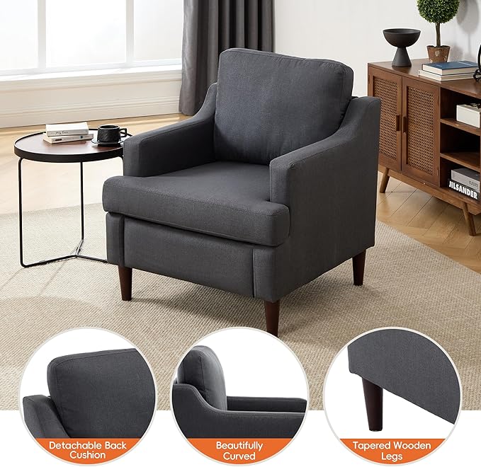 Mid-Century Accent Chair Modern Linen Fabric Armchair for Living Room,Comfy Upholstered Reading Chairs for Bedroom,Single Sofa Chair with Wood Legs (Darkgrey, Set of 1)