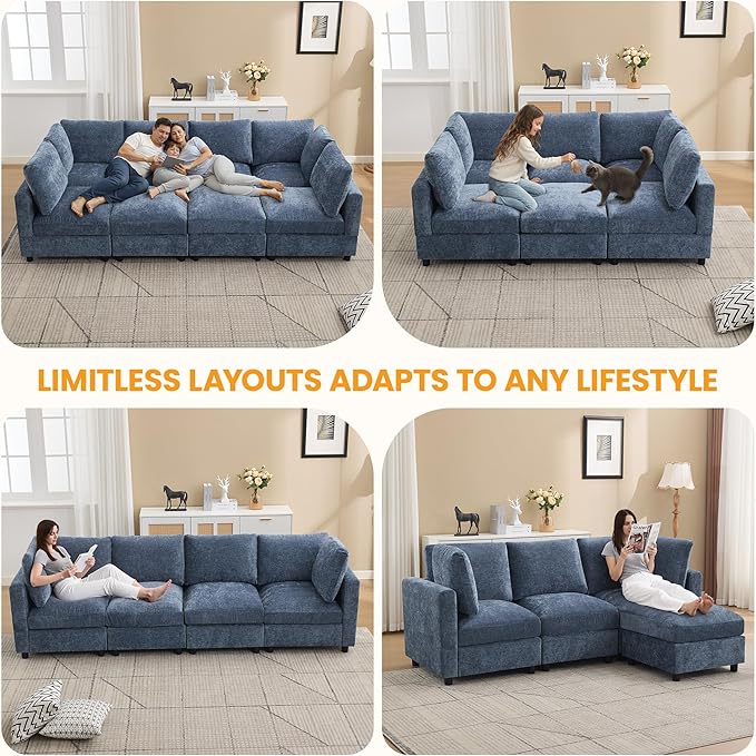 3-Seater Modular Sectional Cloud Sofa with Ottoman, L-Shaped Couch for Living Room, Modern Convertible Deep Seats Sofa, Chenille Blue