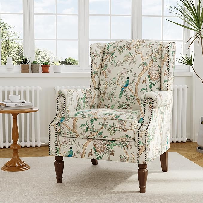 Accent Chair, Upholstered High Back Floral Armchair with Nailhead Trim & Wood Legs, Comfy Wingback Reading Single Sofa Chair for Small Spaces, Living Room, Bedroom (Bird Floral, Set of 2)