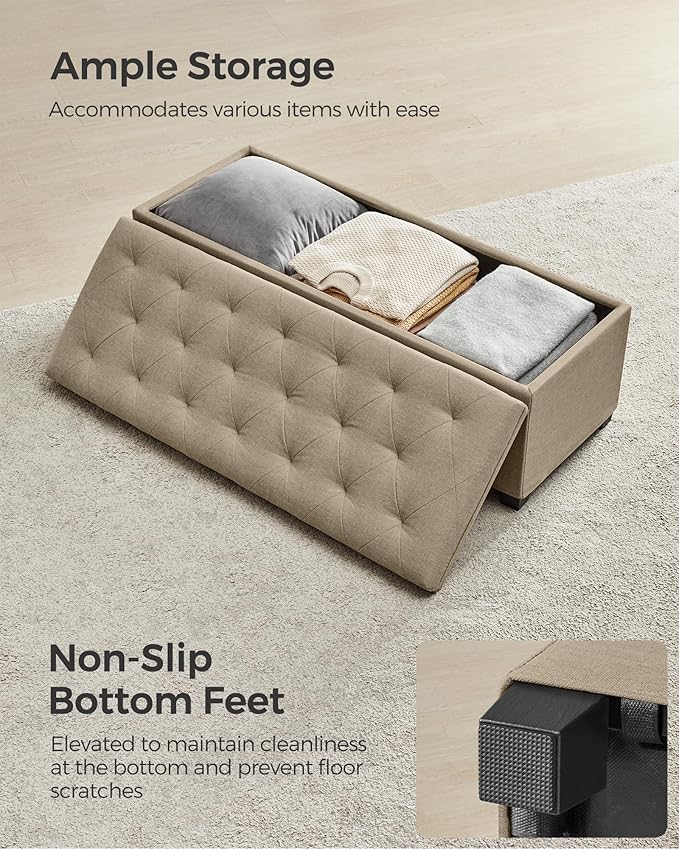 SONGMICS Storage Ottoman Bench, Foot Rest with Legs, 15.7 x 43.3 x 15.7 Inches, End of Bed Bench, Storage Chest, Load up to 660 lb, for Living Room, Bedroom, Entryway, Camel Brown ULSF088R01
