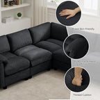 87'' U-Shaped Sectional Sofa with Ottoman, 5-Seater Modular Couches for Living Room, Corduroy Deep Seat Cloud Sofa with Center Stitched, Black