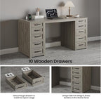 WOPITUES 60" Farmhouse Home Office Desk with 10 Wooden Drawers, Rustic Computer Writing Desk with Power Outlets, Large Executive Desk with Storage Cabinet for Work Study Writing Craft, Wood Grain Gray