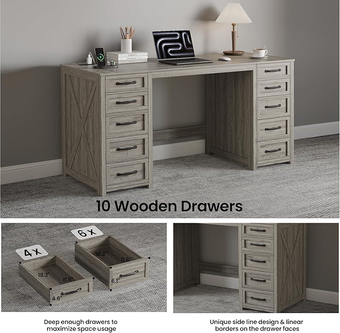 WOPITUES 60" Farmhouse Home Office Desk with 10 Wooden Drawers, Rustic Computer Writing Desk with Power Outlets, Large Executive Desk with Storage Cabinet for Work Study Writing Craft, Wood Grain Gray