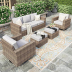 HERA'S HOUSE Swivel Glider Patio Furniture Set with 4.92" Wide Armrest 5.5" Thick Cushions, 5 Pieces Outdoor Wicker Conversation Sets for Lawn Backyard Deck, Grey