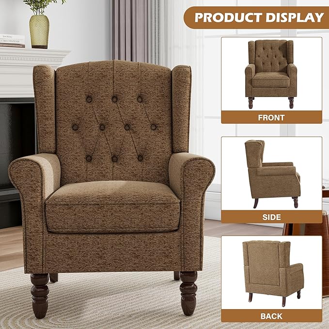 Mid-Century Modern 2-Piece Wingback Chair Set - Plush Upholstered Accent Chairs with Solid Wood Legs, High Back Lounge Seating for Living Room, Bedroom & Office - Retro Matched Pair (Creamy Brown)
