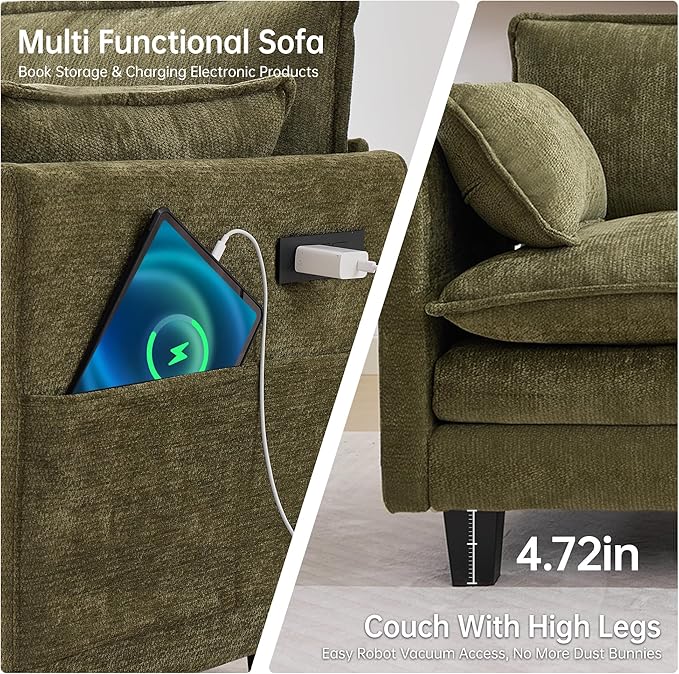 108" Modern L-Shaped Sectional Sofa with USB & Type-c Port Charger, Modular Cloud Couch, Deep Seating Chenille Fabric 4-Seater with Ottoman and Pillows for Living Room (Green)