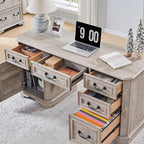 RedLemon 60" Executive Desk with Drawers,Wood Home Office Desk, Featuring Keyboard Tray,Charging Station,File Drawer, Storage Cabinet,for Work and Study (Light Rustic Oak)