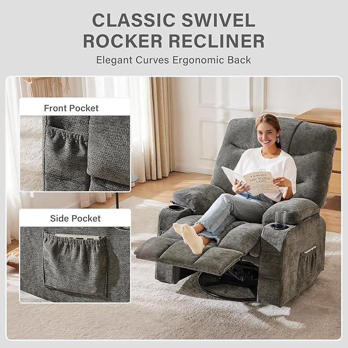 Manual 360°Swivel Rocker Recliner Chair,Single Recliner Seat with Cup Holders,Recliner Chairs for Adults, Upholstered Fabric Lazy Boy Recliner for Bedroom,Living Room,Dark Grey