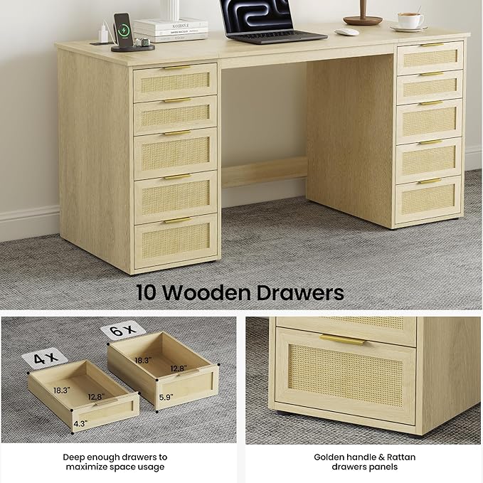 WOPITUES 60" Boho Home Office Desk with 10 Wooden Drawers, Rattan Computer Writing Desk with Power Outlets, Large Executive Desk with Storage Cabinet for Work Study Writing Craft, Natural Brown