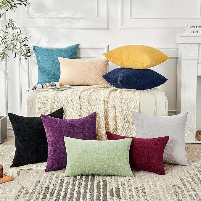 GAWAMAY Decorative Chenille Throw Pillow Covers 26x26 Inch Pack of 2, Soft Square Couch Pillow Cover for Sofa Cushion Living Room Bedroom Solid Dyed Oversized Pillowcases Black 66x66cm (ONLY Covers)