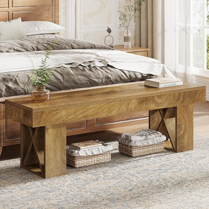 Tribesigns 55" Extra Long Entryway Bench, Farmhouse Wooden Entry Shoe Bench Seat, Indoor End of Bed Stool for Hallway, Bedroom, Living Room, Brown