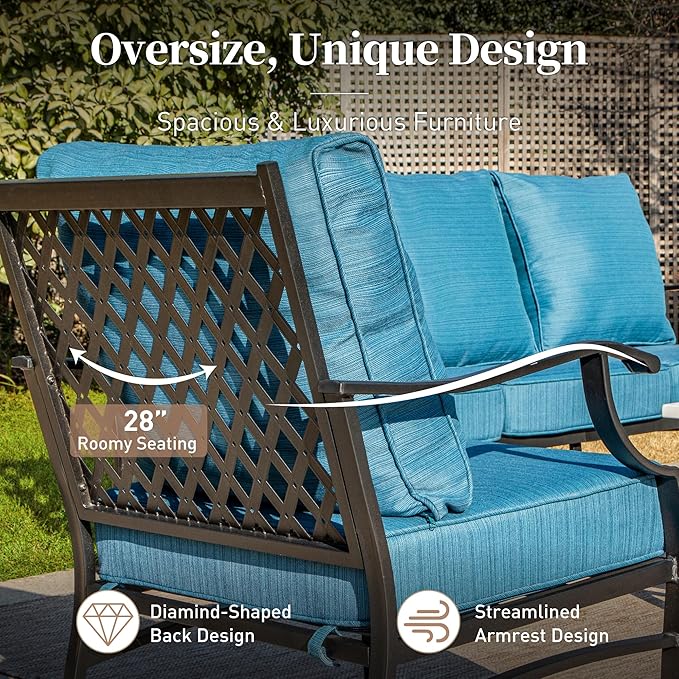 4 Piece Metal Outdoor Patio Furniture Set, Patio Conversation Set 3-seater Sofa, 2 Rocking Chair with 5.75" Extra Thick Cushion and Coffee Table, Black Frame Backyard Furniture, Blue-2