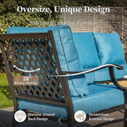 4 Piece Metal Outdoor Patio Furniture Set, Patio Conversation Set 3-seater Sofa, 2 Rocking Chair with 5.75" Extra Thick Cushion and Coffee Table, Black Frame Backyard Furniture, Blue-2