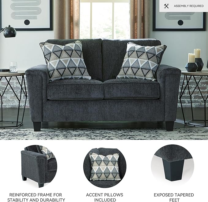 Signature Design by Ashley Abinger Chenille Contemporary Loveseat with 2 Accent Pillows, Dark Gray