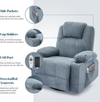 Oversized Swivel Rocker Recliner Chair with Heat and Massage, Large Big Recliner Chair for Living Room, 360 Degree Swivel Rocking Single Sofa with Cup Holders and USB Port(Fabric, Blue)
