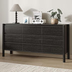 Dresser for Bedroom with 9 Drawers,63" Wide Black Dresser with 4 Solid Wood Legs, Wooden TV Stand,Closet Clothes Organizer for Bedroom, Hallway