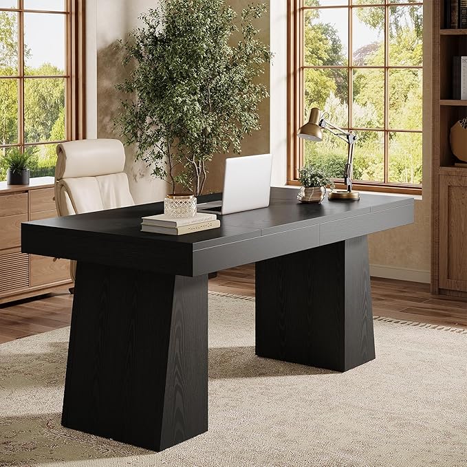 Tribesigns 55" Executive Desk, Wooden Office Desk with Double Pedestal, Modern Simple Computer Writing Table for Home Office, Black