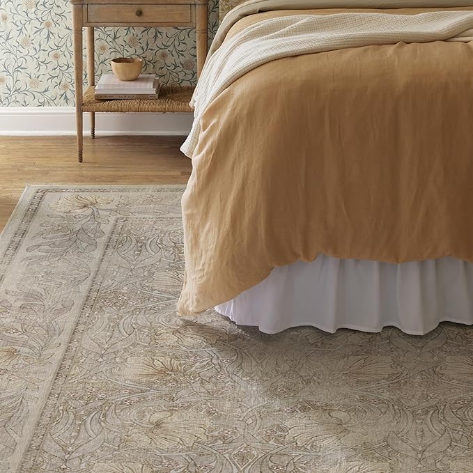 RUGGABLE x Morris & Co Washable Area Rug– Pimpernel Vintage Stone 8x10, Stain-Resistant, Non-Slip – Large Machine Washable Rugs for Living Room, Bedroom, Hallway, Entryway & Office–with Cushioned Pad