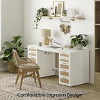 WOPITUES 60" Boho Home Office Desk with 10 Wooden Drawers, Rattan Computer Writing Desk with Power Outlets, Large Executive Desk with Storage Cabinet for Work Study Writing Craft, Wood-Grain White