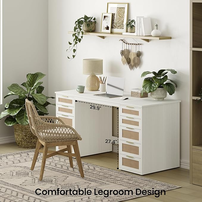 WOPITUES 60" Boho Home Office Desk with 10 Wooden Drawers, Rattan Computer Writing Desk with Power Outlets, Large Executive Desk with Storage Cabinet for Work Study Writing Craft, Wood-Grain White
