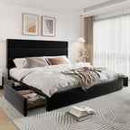 Allewie Modern King Size Platform Bed Frame with 4 Storage Drawers and Velvet Upholstered Headboard, Wooden Slats Support, Upholstered Mattress Foundation/No Box Spring Needed/Easy Assembly, Black