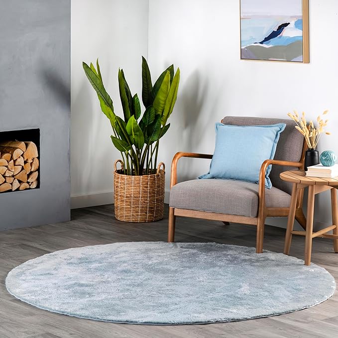 nuLOOM 6' Round Cozy Plush Area Rug, Machine Washable, Non-Slip, Soft Fluffy Shag Carpet for Living Room Bedroom Kids Room Nursery Home Decor, Loni Light Blue