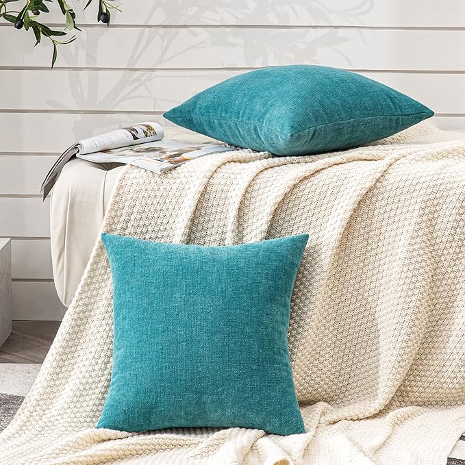GAWAMAY Decorative Square Throw Pillow Covers 22"x22" Inch Set of 2, Super Soft Chenille Pillows Farmhouse Fall Pillowcase for Living Room Bedroom Sofa Couch Cushion Cover Teal 55x55cm (No Insert)