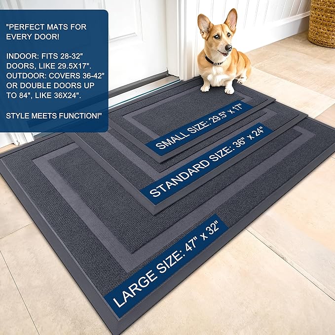 OLANLY Front Door Mat Indoor Outdoor Entrance, Waterproof All-Season, All-Weather Doormat, Sturdy Natural Rubber, Fade Resistant, Low Profile, Easy Clean Patio Porch Entryway Mat, 59x35, Light Grey