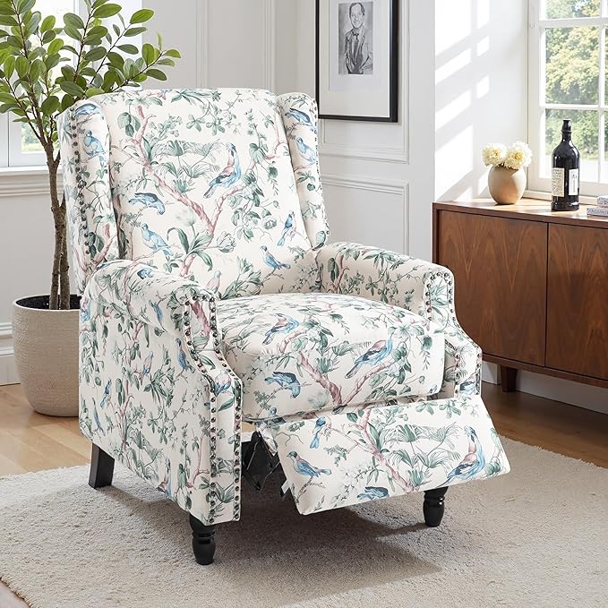 Wingback Recliner Chair, Floral Fabric Pushback Recliner Chair, Upholstered Armchair Push Back Recliner, Rivet Trim Single Sofa Accent Chair with Wood Legs for Living Room, Bird