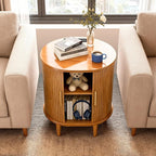 Nightstand with Charging Station, Fluted Accent Side Table with Sliding Door & Adjustable Shelf, Mid-Century Modern End Table for Small Space, Living Room, Bedroom (1, Yellow Walnut)