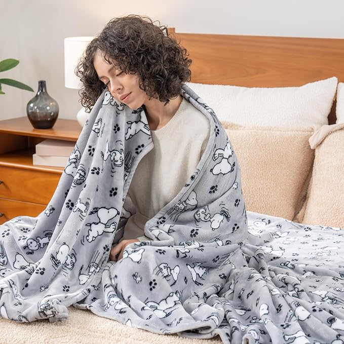 Berkshire Blanket Peanuts® VelvetLoft® Cute Character Snoopy Plush Blanket,Peanuts Poses and Paws Grey,Full/Queen 90 in x 90 in (Official Peanuts® Product)