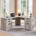 RedLemon 60" Farmhouse L Shaped Executive Desk with Drawers, Wood Home Office Corner Desk with Charging Station, File Drawer, Storage Cabinet, Rustic Computer Writing Desk (Light Rustic Oak)