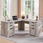 RedLemon 60" Farmhouse L Shaped Executive Desk with Drawers, Wood Home Office Corner Desk with Charging Station, File Drawer, Storage Cabinet, Rustic Computer Writing Desk (Light Rustic Oak)