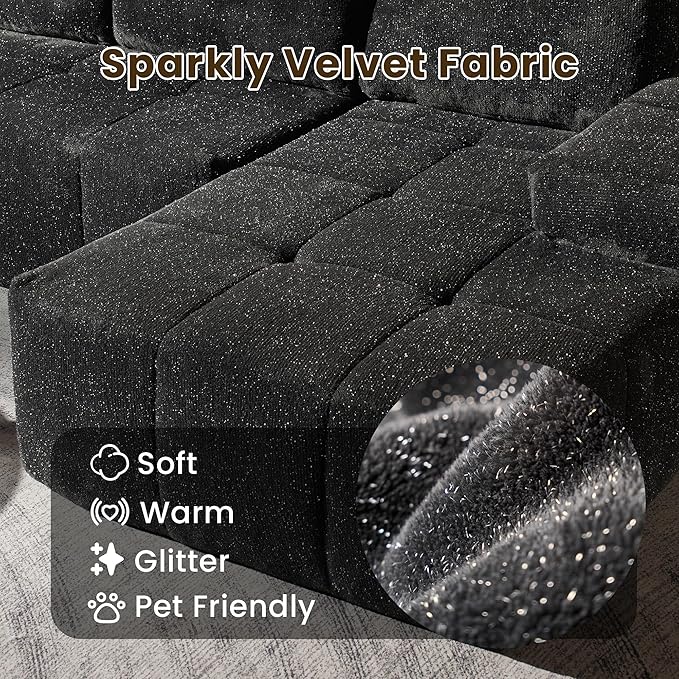 114" Glitter Cloud Sectional Couch with L-Shape Chaise & Ottoman, Modern Boneless Couches for Living Room, Fluffy Tufted Deep Seat Modular Sofa No Assembly (Gray Sparkly Velvet,Right Facing)